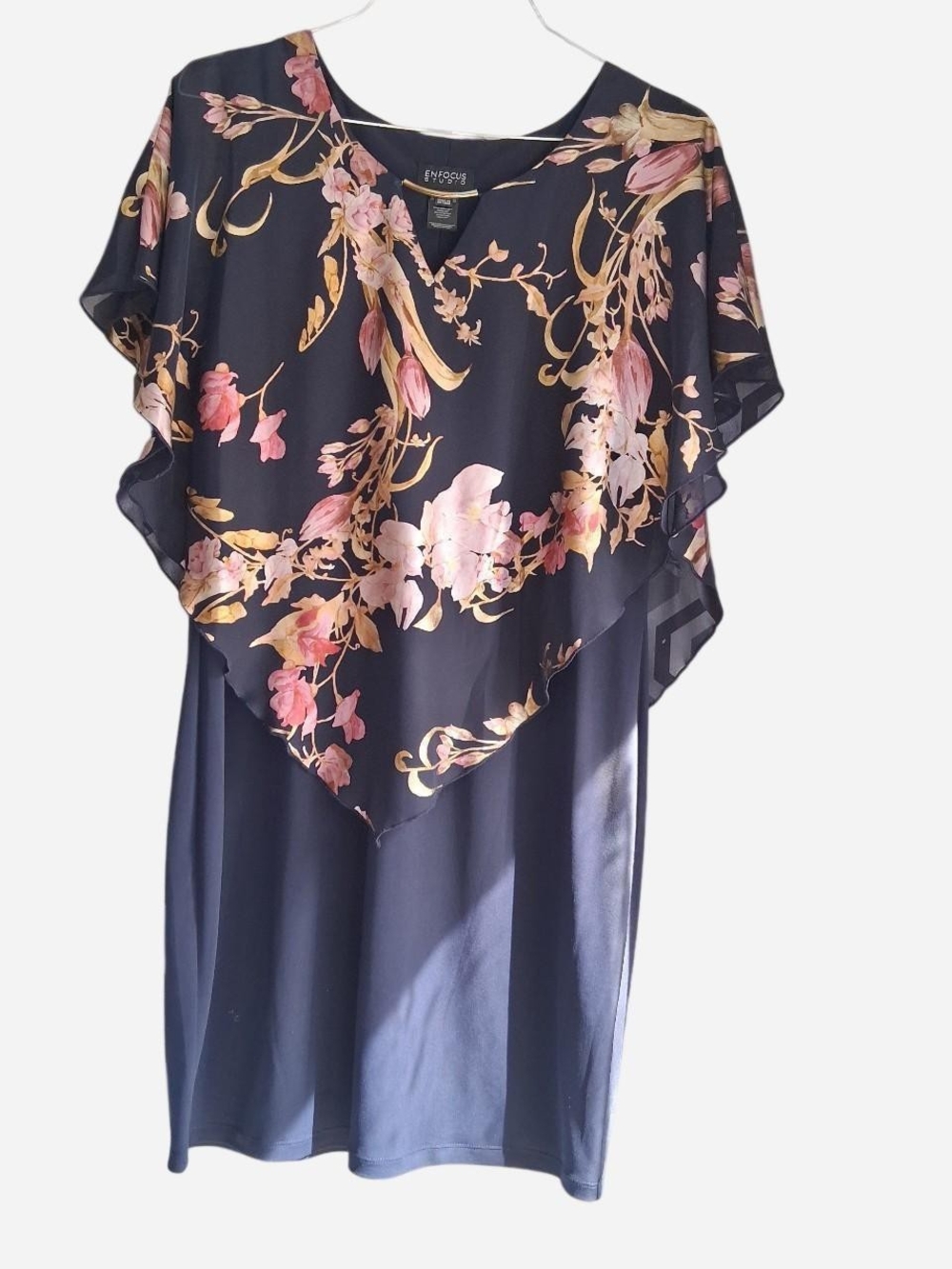 Enfocus Studio Navy Dress with Pink Floral and Gold Detail
